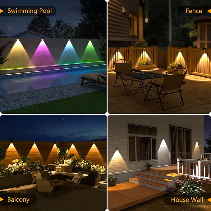 NIORSUN Solar Fence Lights Outdoor Waterproof,Warm & Cool White RGB，8 Pack LED Spot Lens Deck Lights 9 Mode，Solar Powered Wall Lighting Decor for Outside Patio Step Backyard Railing Pool Black