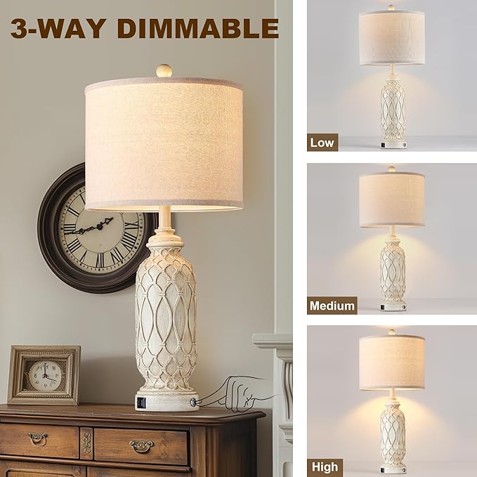 Farmhouse Lamps for Living Room Set of 2, 28" Table Lamps for Bedroom with USB A+C Charging Ports, Touch Lamps for Nightstand, 2 Bulbs Included