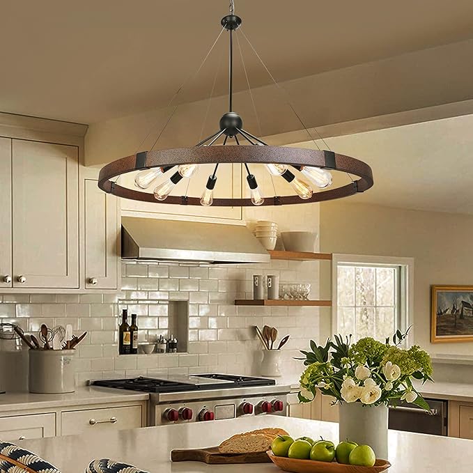 38.2'' Large Farmhouse Wagon Wheel Chandelier for Living Room, 8-Light Rustic Round Metal Light Fixtures for Dining Room Entryway Kitchen Island, Vintage Rust and Black Finishes