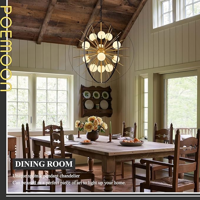 12 Lights Large Black Gold Modern Sputnik Chandelier 31" Mid Century Hanging Ceiling Firework Globe Pendant Light Fixtures with Milk Class Lampshades for Dining Living Room Foyer Stairway