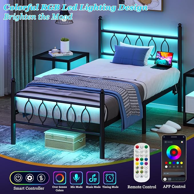 Twin Size Bed Frame with Headboard,Black Metal Platform Bed Frame Twin Size with Charging Station & LED Lights,12-Inch Under Bed Storage,No Box Spring Needed,Noise Free,Easy to Assemble