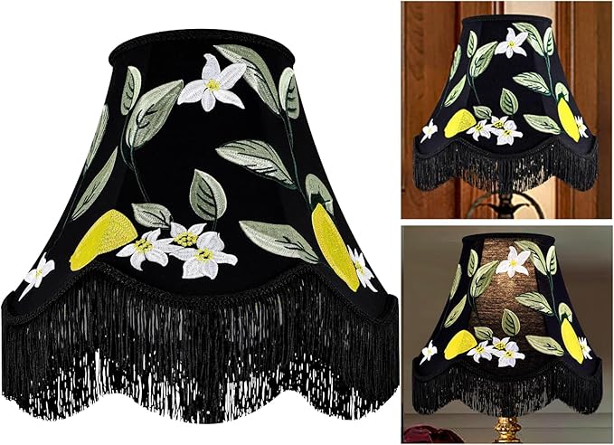 GO&SO Black Floral Embroidery Bell Lamp Shades Set of 1,Handcrafted Silk Petal Edge with Fringe Trim,6"x13"x10.6"(Spider),Vintage Ornate Lamp Shade Replacement for Table,Floor Lamps,Easy Assembly