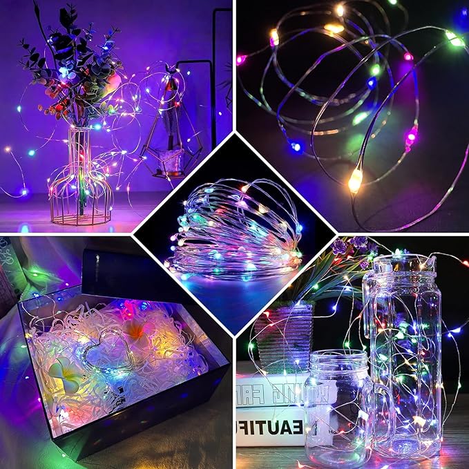 24 Pack Fairy Lights 7Ft 20 LED Twinkle String Lights Battery Operated Waterproof Firefly Starry for Mason Jar Party Wedding Christmas Valentines Day,Rainbow + Blue