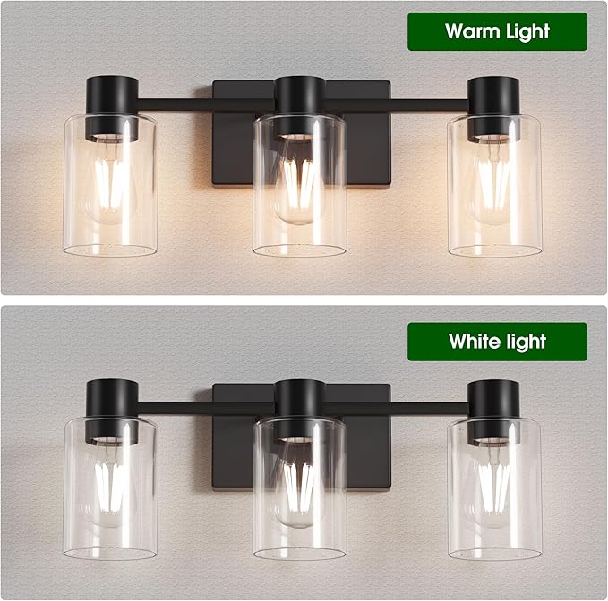 3-Light Matte Black Wall Sconces for Bathroom, Modern Vanity Light Fixtures Over Mirror, Bathroom Light Fixtures with Clear Glass Shade, E26 Wall Sconces for Living Room, Hallway
