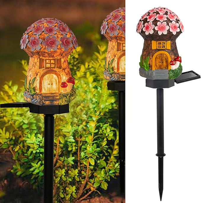 Dazzle Bright Solar Mushroom Lights Fairy Garden Lights for Home Decor Outdoor Decorative Stakes Mushroom House Solar Powered LED Landscape Lighting for Lawn, Walkway, Patio, Yard