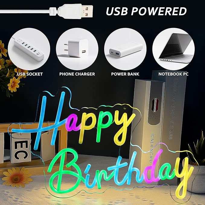 Mornajina 16.5'' x 11.8'' Happy Birthday Neon Sign for Backdrop Wall Decor USB Powered, Happy Birthday Led Sign for Backdrop Light up Sign Dimmable Neon Light for Birthday Party Decoration (Colorful)