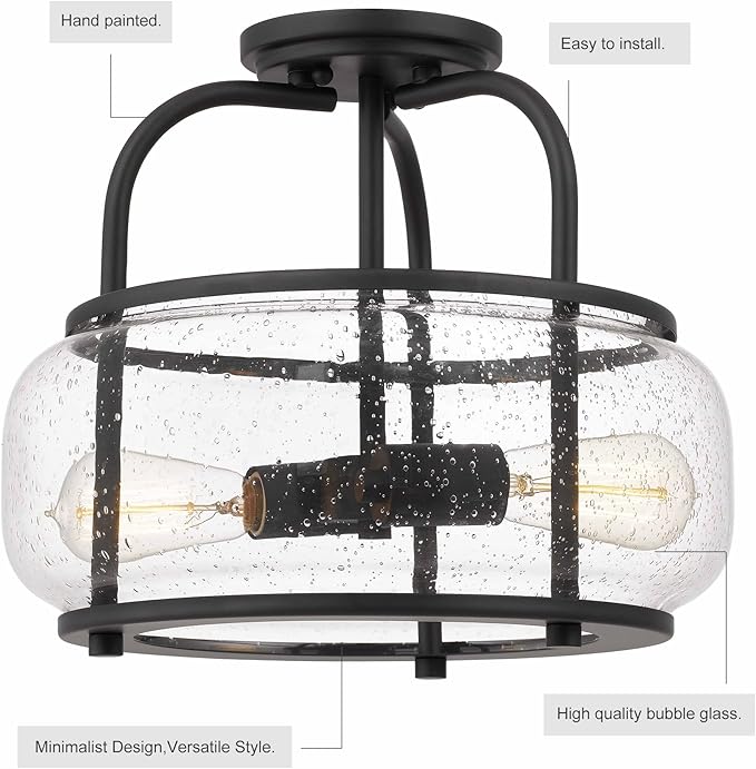 Elisha 2-Light Semi Flush Mount Ceiling Light with Seeded Glass Shade Dark Bronze Finish for Hallway, Entryway, Passway, Dining Room, Bedroom, Garage, Kitchen, Balcony