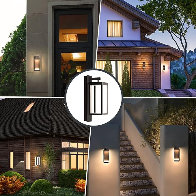 Outdoor Wall Sconce, Dusk to Dawn Outdoor Wall Lights, Waterproof Porch Lanterns Decorative, Anti-Rust Exterior Light in Wood Grain Finish & Black Finish for House Patio Garage Entryway Doorway