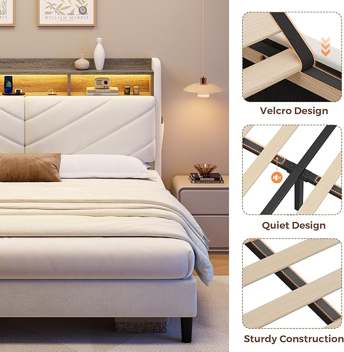 Full Size Velvet Bed Frame with Ergonomic Headboard, Upholstered Platform Bed with LED Light & Charging Station, Wooden Slats Support, Noise-Free, No Box Spring Needed (Beige)