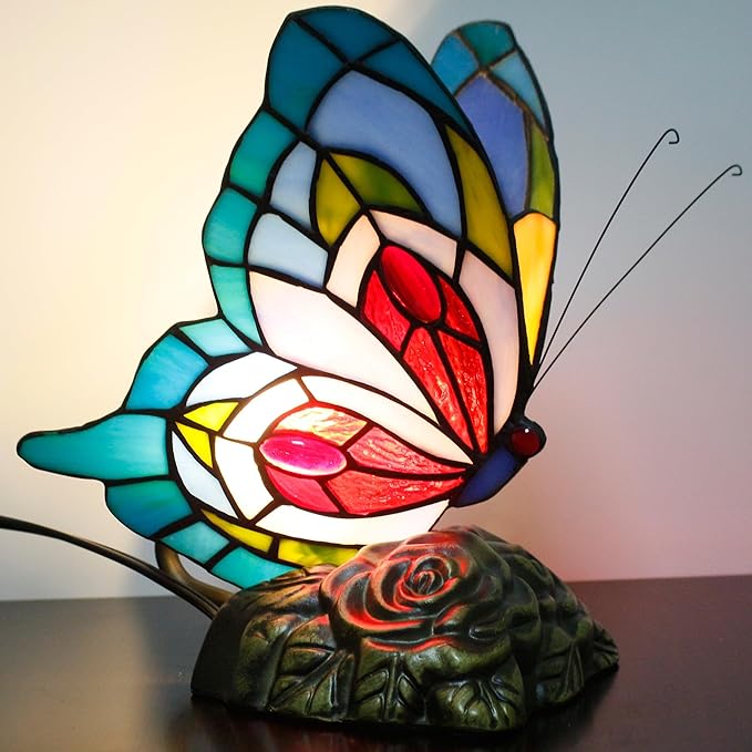 Small Tiffany Table lamp Stained Glass Butterfly Desk Lamp 7X5X9.8 Inch Accent Antique Light (Blue Red Butterfly)