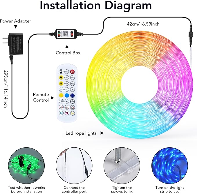 Outdoor LED Strip Lights, 65.6FT Waterproof IP67 Led Lights for Bedroom RGB, 24Key 2.4G Remote with App Control, Music Sync Color Changing Rope Lights for Room Decoration