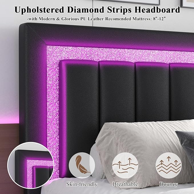 HOMBCK Floating Bed Frame Twin with Smart LED Lights, Faux Leather Upholstered Platform Bed with Diamond Headboard, No Box Spring Needed, Noise Free, Easy Assembly, Black