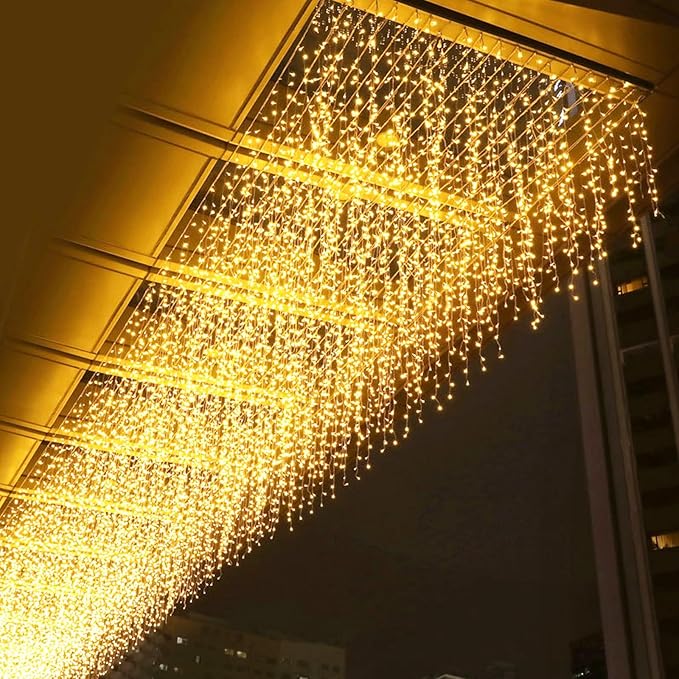 LED Icicle Christmas Lights, 16.4FT 112 LEDs Extendable Curtain 8 Modes Twinkle Novelty Christmas Long Window Dangling Fairy String Lights Outdoor Indoor, Warn White, 5M04