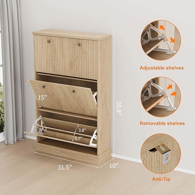 GarveeHome Shoe Cabinet with 3 Flip Drawers, Hidden Wooden Fluted Shoe Cabinet with Adjustable Shelf, Freestanding Shoe Storage Cabinet for Entryway Hallway, Living Room, Natural Oak