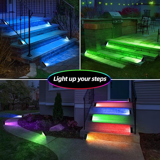 NIORSUN Solar Step Lights for Outside,8 Pack RGB Solid Color Changing Solar Stair Lights Outdoor Waterproof IP67 Auto On Off,Solar Lights for Steps,Stair,Patio,Yard,Porch,Front Door,Deck Decor