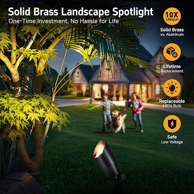 Gardenreet LED Low Voltage Spotlight - 12V AC/DC Black Outdoor Light Fixture, Brass Landscape Lights Hardwired, Weather Proof for Wall Wash Flag with Neutral White MR16 Removable Bulbs (10 Pack)