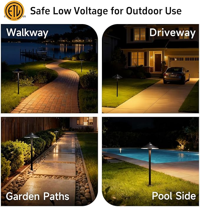 Gardenreet Brass Low Voltage Pathway Lights (9" Shade, 23.5" Tall) - Black 12V Path Light Waterproof, Wired Outdoor LED Landscape Area Lighting for Garden Walkway with 3W 270LM 3000K G4 Bulb (6 Pack)