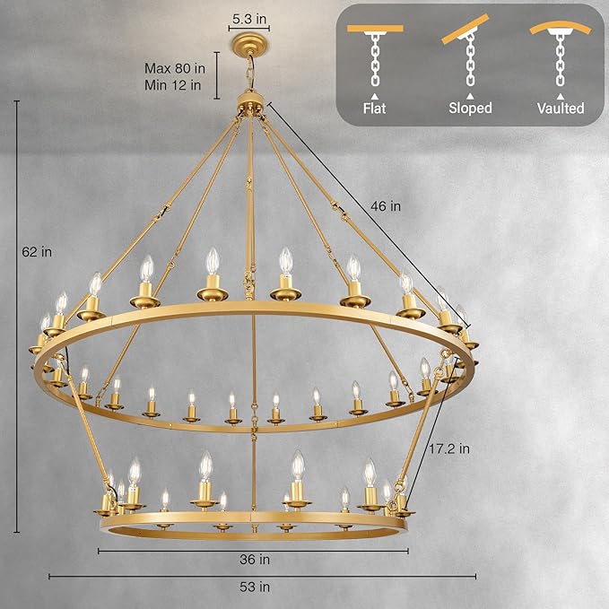 53" 2-Tier Wagon Wheel Chandelier, 36-Light Farmhouse Large Gold Chandelier Round Modern Rustic Industrial Adjustable Height for High Ceiling Living Room, Entryways, Foyer, Dining Room