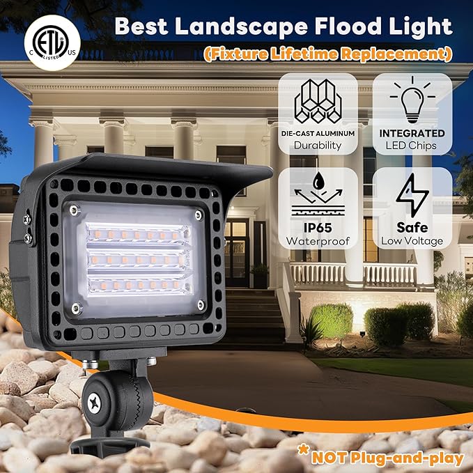 Gardenreet Low Voltage Flood Lights - 12W LED Wall Wash Landscape Lights, Outdoor 12V Hardwired Waterproof Aluminum, Warm White Angle Adjustable Brown Lighting for Yard Tree Patio House 4 Pack
