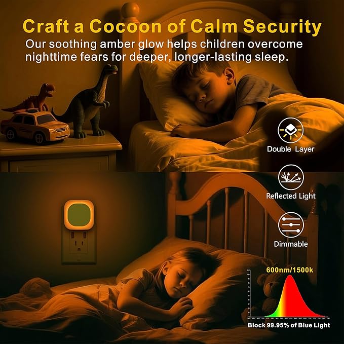 4 Pack Plug in Amber Night Light, Auto Dusk to Dawn, Soft Glow, Dimmable, Diffused Light, LED Lights for Bedroom, Kids, Bathroom, Sleep, Baby Nursery, Toddler, Hallway, Kitchen, Home Decor