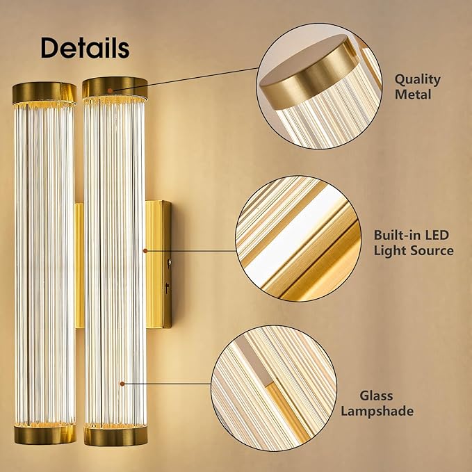 Modern Glass LED Wall Sconce, 16.5' Gold Bathroom Wall Sconce, Modern Double Sconce Wall Lighting, 3CCT Dimmable Gold Wall Light, Bedroom Sconce, Wall Lamp for Living Room, Stairway, Hallway