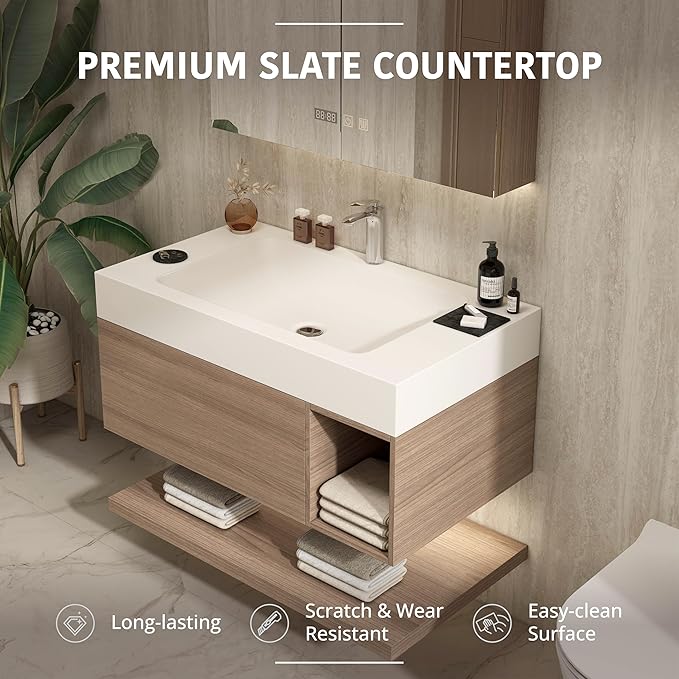 48" Modern Floating Bathroom Vanity Set with Sink, LED Smart Mirror Cabinet, Soft-Close Drawer and Open Storage Shelves, Light Walnut