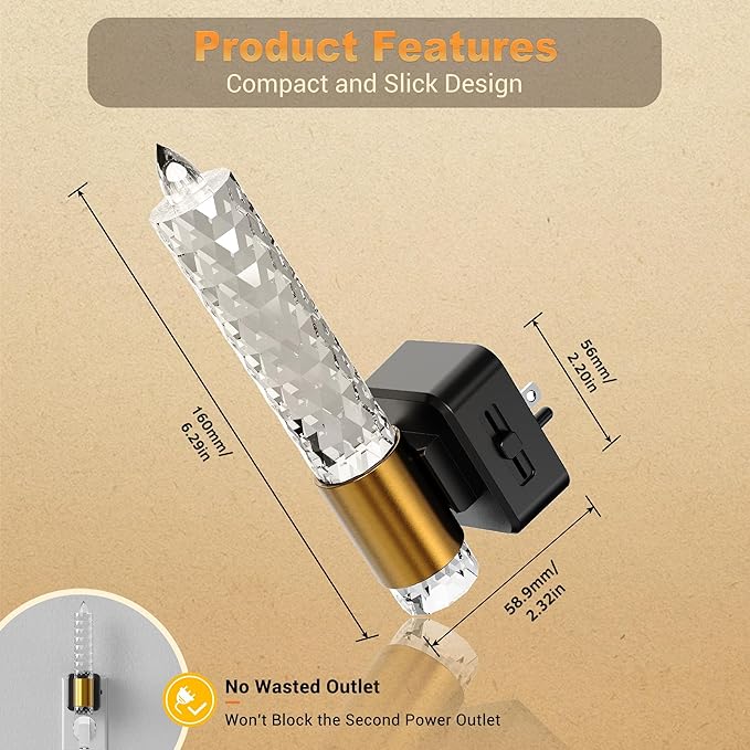 JandCase Night Light, Flameless Candle Amber Night Lights Plug into Wall, Auto On/Off Light Sensor LED Crystal Dimmable Nightlight, 0-100LM Decorative nite Light for Adults Bathroom Hallway, 1Pack