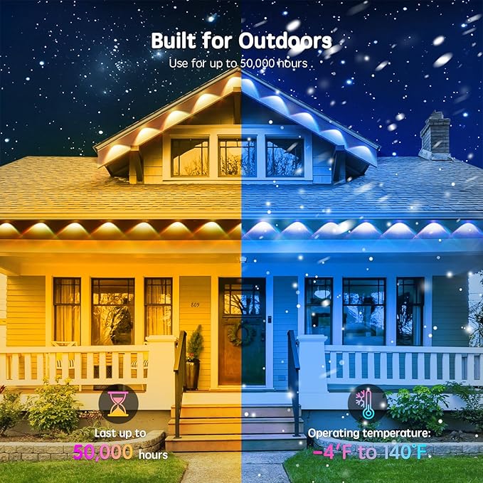 200FT Permanent Outdoor RGB Lights,IP65 Waterproof Smart LED Eaves Lights with App/Remote Control,for Christmas and All Holiday Decor,Daily and Accent Lighting,House Roof and Garden Lighting