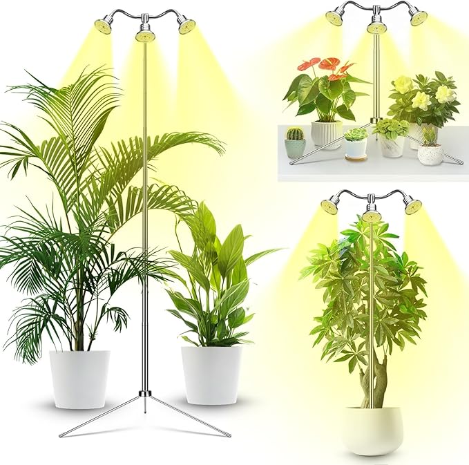 Full Spectrum Grow Lights for Indoor Plants 15-62 Inches Height Adjustable Aluminum Alloy Plant Growing Lamps with Detachable Tripod Stand, Auto On/Off Timer (Full Spectrum, Three Heads)