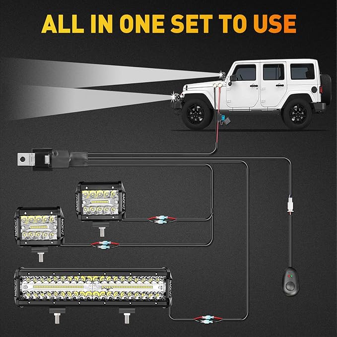 NAOEVO 12Inch LED Light Bar and 2PCS 4Inch LED Pod Lights, 420W 42000LM LED Fog/Driving/Off Road Lights Bar, Spot Flood Combo LED Light Bar with Wiring Harness Kit-3 Lead for Truck ATV Boat