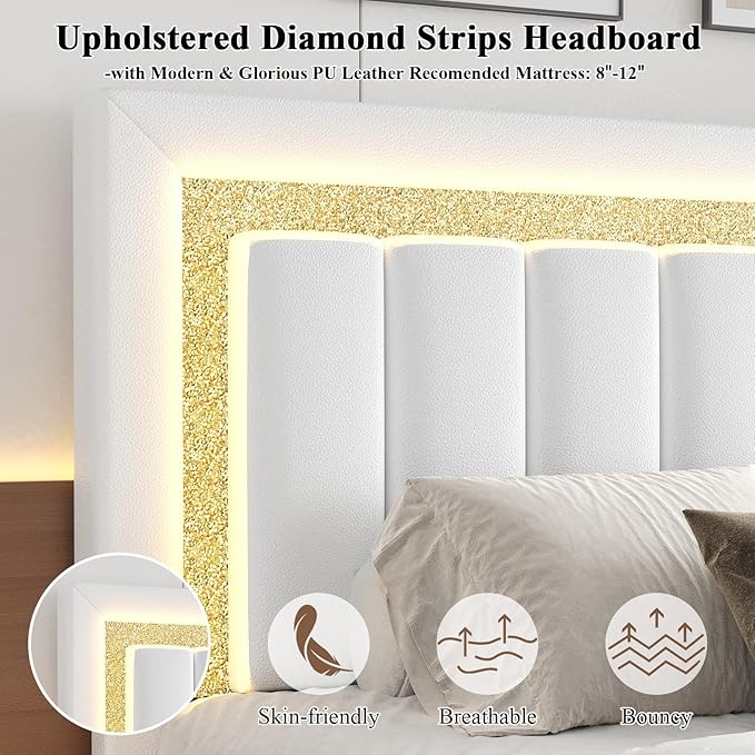 HOMBCK Floating Bed Frame Queen with Smart LED Lights, Faux Leather Upholstered Bed with Diamond PU Headboard, No Box Spring Needed, Noise-Free, Easy Assembly, White