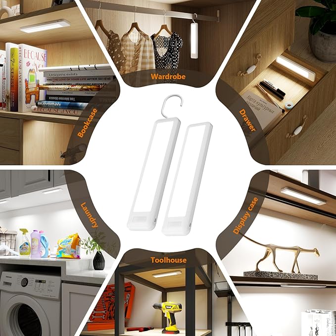 Dawnrise Under Cabinet Lights, 7.8 inch Motion Sensor Closet Light Indoor with Hook, Rechargeable Portable Lighting for Kitchen, Wardrobe, Closet, Bedroom, Cabinet, Storage Room, Utility Room (6000K)