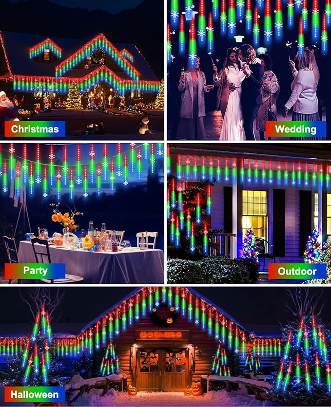 Meteor Shower Lights UL Certified 1080 LEDs 20 Tubes Falling Rain Drop Christmas Icicle Cascading Lights for Xmas Tree Halloween Decorations Wedding Party Holiday Garden Decor, Multicolor
