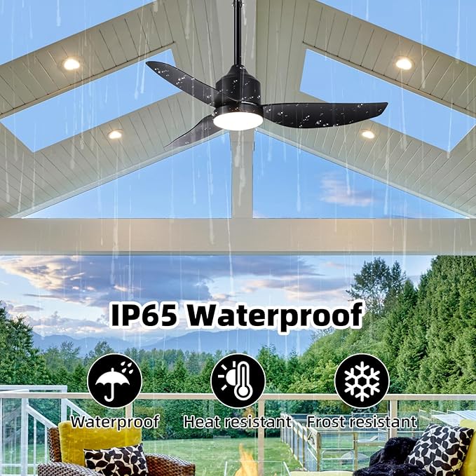 Outdoor Ceiling Fan with Light, 42 Inch Black Waterproof Outdoor Patio Fan with Remote Control, Reversible Quiet DC Motor, 3-Color Dimmable LED for Gazebo, Porch