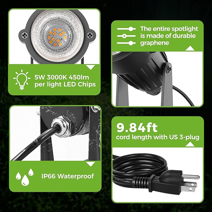 L LOHAS LED Landscape Spot Lights Outdoor, Dusk to Dawn Sensor 5W LED Spotlights for Yard, 120V 450LM Pathway Garden Outside Lights, 9.84-ft Cord, IP66 Waterproof 3000K Warm White, UL Listed 1 Pack