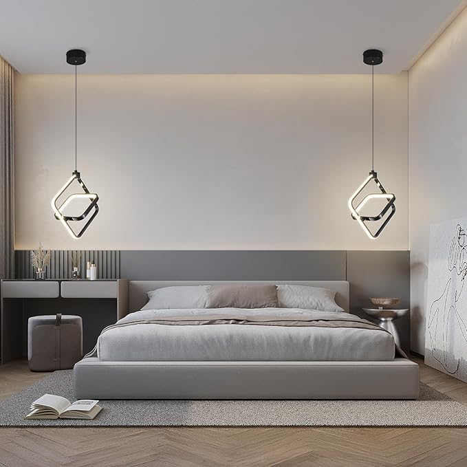 Modern LED Pendant Lights Plated Black Rectangular Pendant Light Fixtures 4000K 20W Dimmable Pendant Lighting for Dining Room Kitchen Island Bedroom Living Room Foyer（2-Pack）