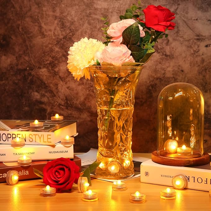 HL Submersible LED Light,Amber Small LED Light,100 Hours Waterproof Flameless Led Lights Battery Powered for Wedding Home Vase Festival Party Decoration 12pcs (Built-in 24 Batteries)