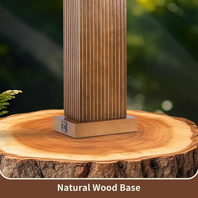 27.5" Wood Table Lamp, Modern Farmhouse Bedroom Lamp for Nightstand with USB Charging Port, Natural Wooden Base Table Lamp for Living Room Bedroom, Bulb Included (Walnut Wood)