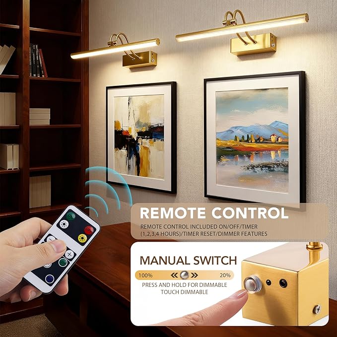 Picture Light,Picture Lights for Wall Cordless,20" Picture Lights with Timer and Dimmable,Battery Wall Lights for Display Gallery Painting Art Frame Portrait