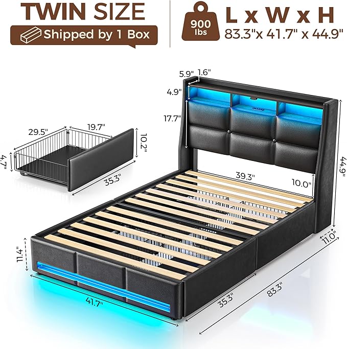 Rolanstar Twin Size Bed Frame with LED Lights and Charging Station, PU Leather Bed Storage Headboard & Drawers, Heavy Duty Wood Slats, Easy Assembly, Black