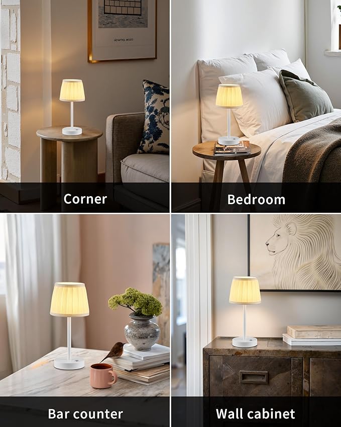 PUSU 2 Pack Cordless LED White Table Lamps, Rechargeable 4000mAh 3 Way Dimmable Bedside Small Lamp with Fabric Shade, Lighting for Bedroom, Kids Room, Bathroom, Kitchen, Decor, Gift, Night Light