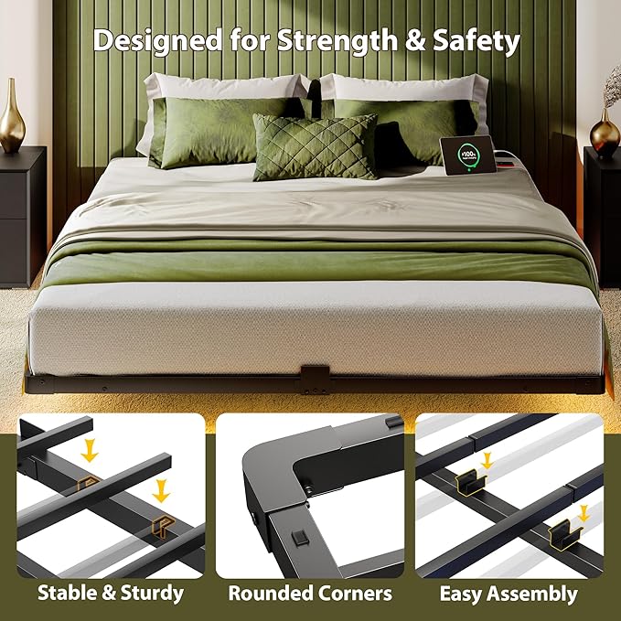 Bed Frame Queen Size, Floating Queen Bed Frame with LED Lights & Charging Station, Modern Metal Platform Bed Frame with Mattress Slide Stopper, Noise-Free, No Box Spring Needed, Easy Assembly