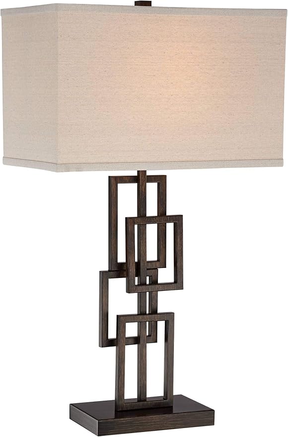 360 Lighting Kory Modern Industrial Table Lamp 26 1/2" High Dark Bronze Metal Sculptural Stacked Geometric Off White Linen Rectangular Shade for Bedroom Living Room House Home Bedside Office