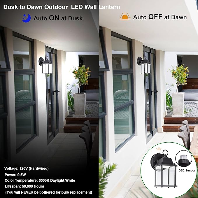 LIT-PaTH Small Outdoor LED Wall Lantern with Dusk to Dawn Photocell, 5000K Daylight White, 9.5W, 800 Lumen, Aluminum Housing Plus Glass, Outdoor Rated, 1-Pack, Black