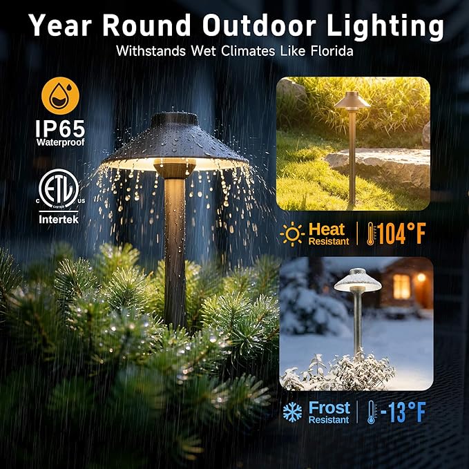 Gardenreet Low Voltage Landscape Lighting Brass - 12v Pathway Lights Waterproof, Hard Wired Path Light Outdoor, Mushroom Bronze for Exterior Area Patio House with 3W 5000K Daylight G4 Bulb (4 Pack)