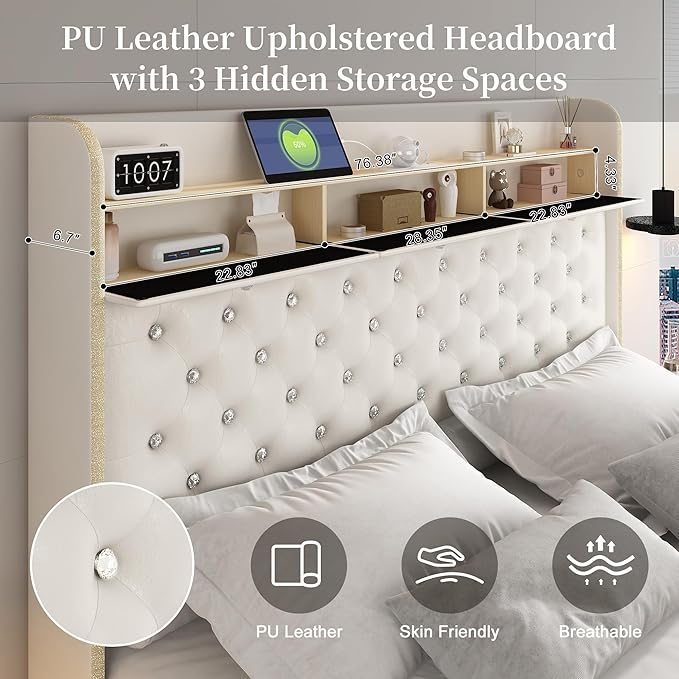 King Led Bed Frame with Galaxy Aurora Star Projector, King Size Platform Bed with 2 Storage Drawers, 52" Diamond Upholstered Headboard with Charging Station, Noise Free, No Box Spring Needed, PU White