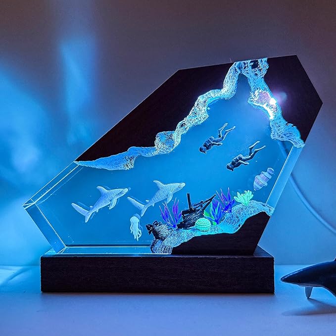 Hammerhead Shark Ocean Resin Lamp, Handmade Resin Night Light for Home Office Decor, Multi-Color LED Light with USB Port, Shark Gifts for Birthday Holiday, Valentine's Day Gifts for Him Kids (6"x4")