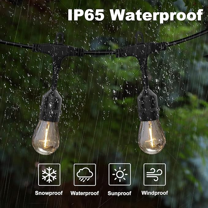 Achin Outdoor String Lights 48FT Dimmable Warm 2200K LED Patio Lights Outdoor Waterproof with 16 Plastic Bulbs Shatterproof String Lights for Outside Deck Gazebo Bistro Lights