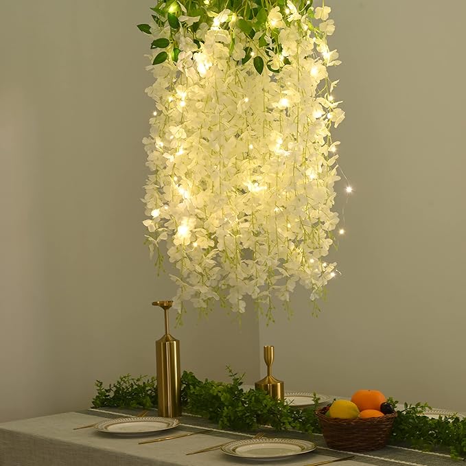 BLEUM CADE 24Pcs White Fake Wisteria Hanging Flowers with Lights, 3.6Ft/Pcs Artificial Wisteria Garland, Hanging Flowers for Wedding Party Home Backdrop Wall Decoration