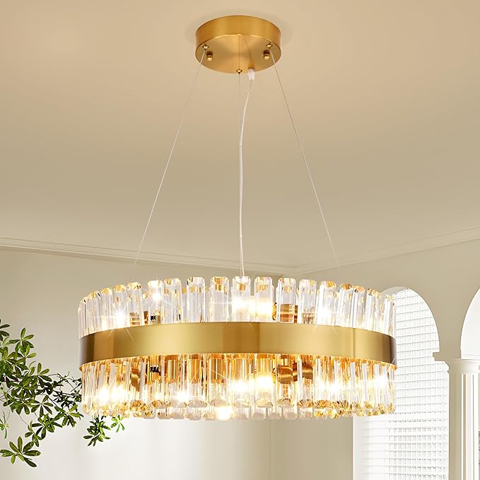 MADEM Modern LED Circular Crystal Chandeliers,Gold Chandelier Light Fixture, Contemporary Pendant Ceiling Light for Dining Room Living Room Kitchen Island,E12 x 12.